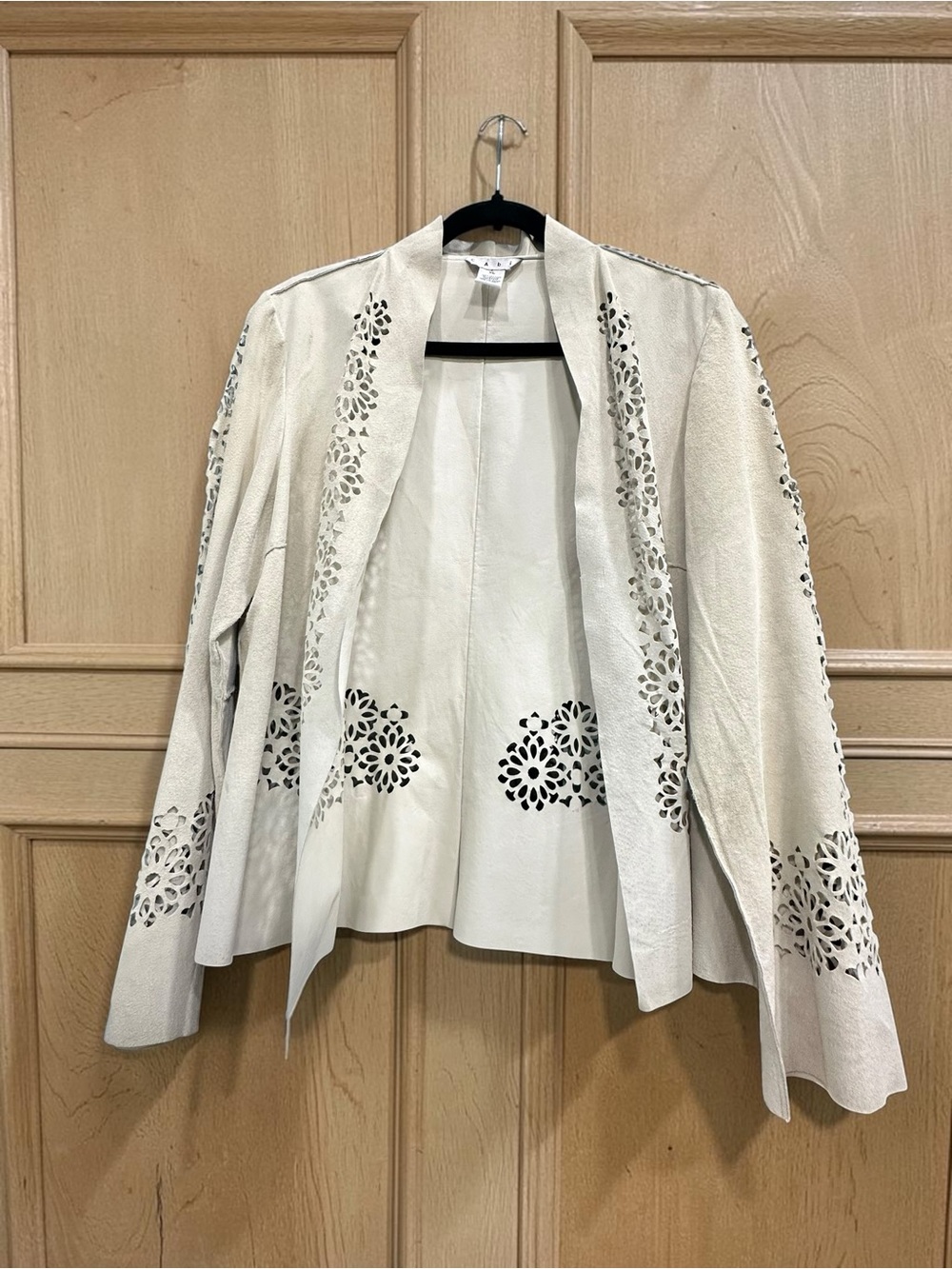 Cabi Lightweight Leather Laser Cut Open Front Layering Cardigan. Cream. XL